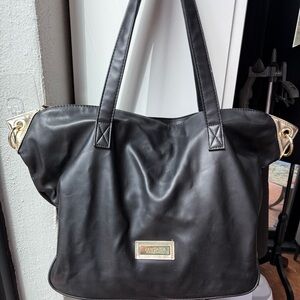 NWOT Versace Parfums Black Faux Leather Tote Weekender Bag Gold Accents